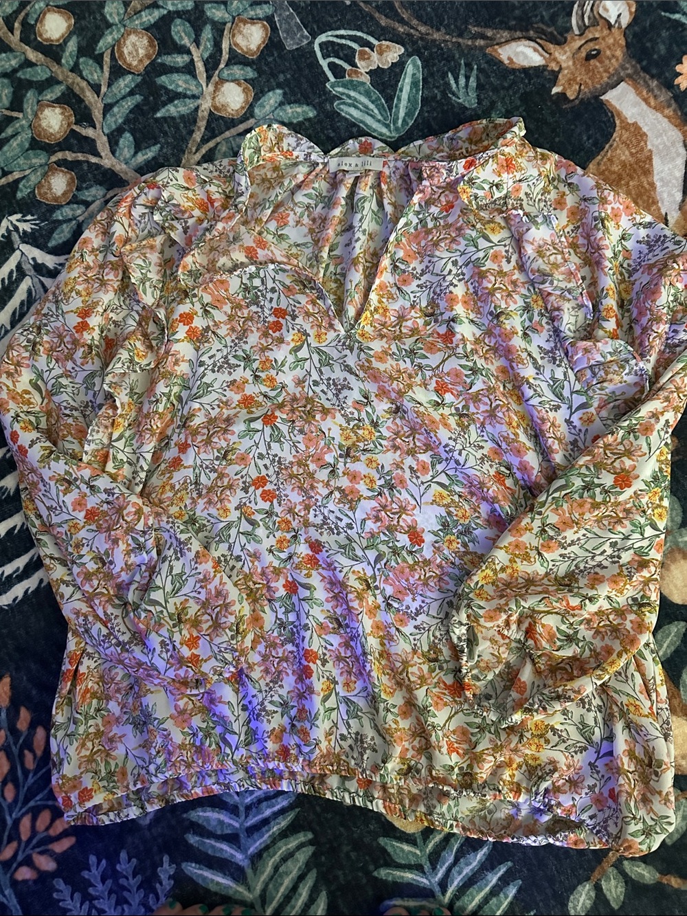 Floral Ruffle V-Neck Long Sleeve Top in White with Orange & Green Print